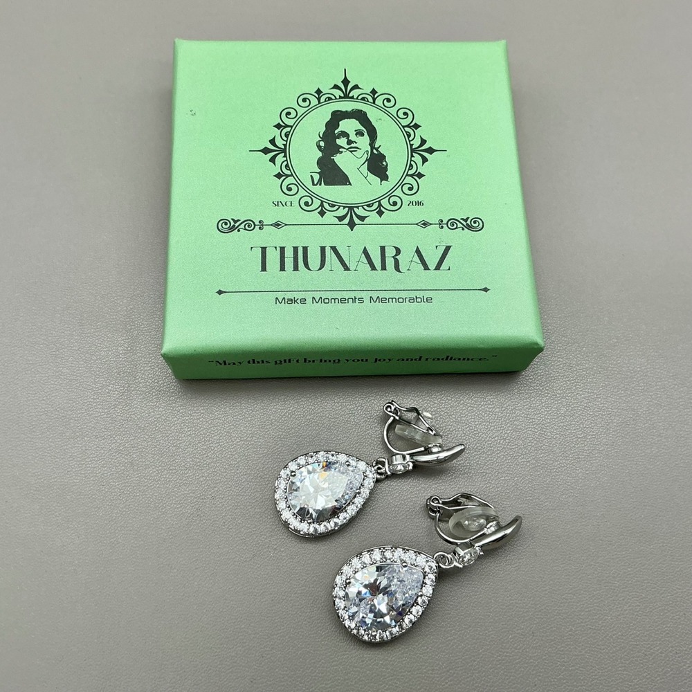 Thunaraz Clip On Earrings Silver Tone Teardrop CZ Halo Dangle Bridal Formal 1